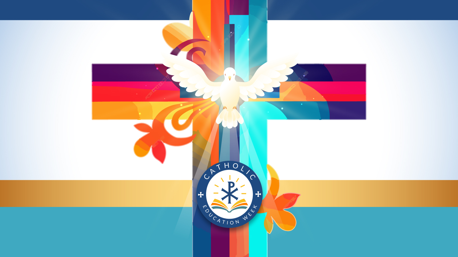 A colourful cross with the Catholic Education Week logo positioned in the bottom middle